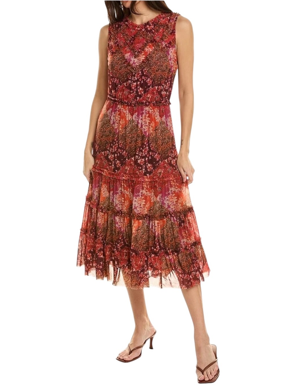 Johnny Was Josephina Mesh Midi Dress Floral Ruffle Tiered NWT L
